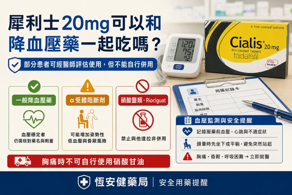 犀利士20mg可以和降血壓藥一起吃嗎？低血壓風險與監測方法
