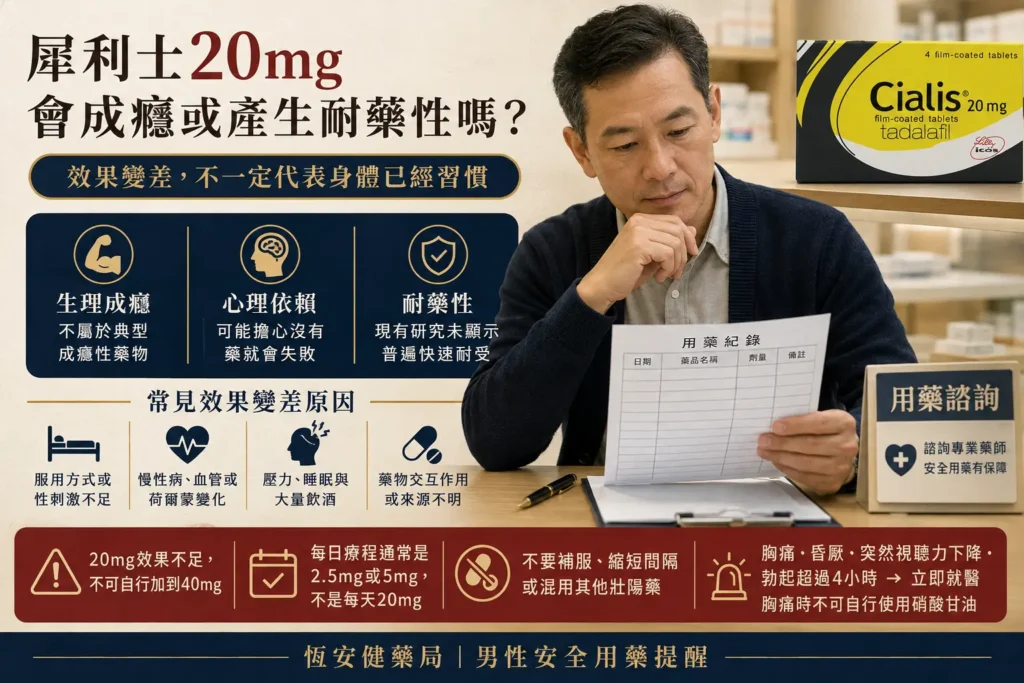 犀利士20mg會成癮或產生耐藥性嗎？心理依賴與長期使用解析