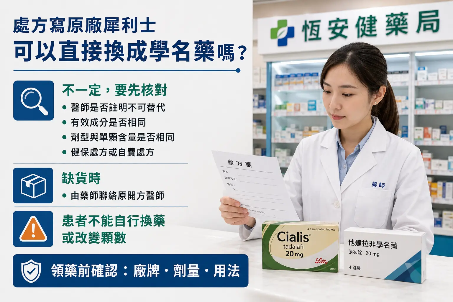 處方寫原廠犀利士，藥局可以直接換成學名藥嗎？領藥核對指南