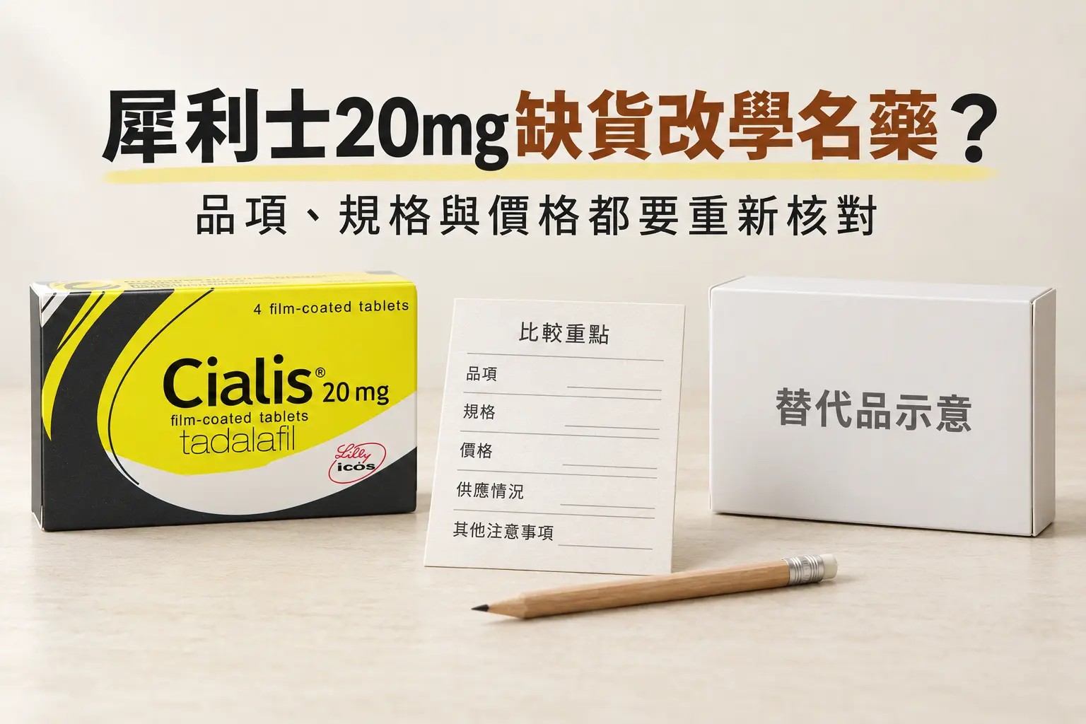 犀利士20mg缺貨改成學名藥？原報價與商品規格要重新核對