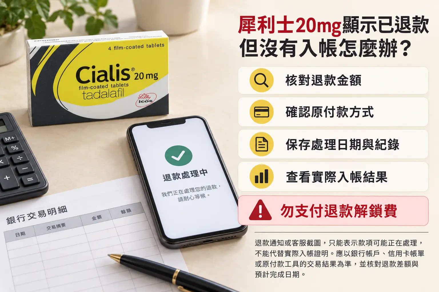 犀利士20mg退款通知不等於入帳！退款進度與差額核對方法