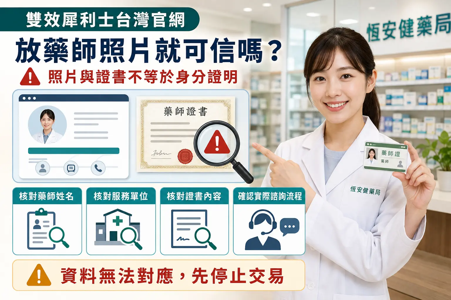 雙效犀利士台灣官網放藥師照片就可信嗎？專業身分與客服核對方法