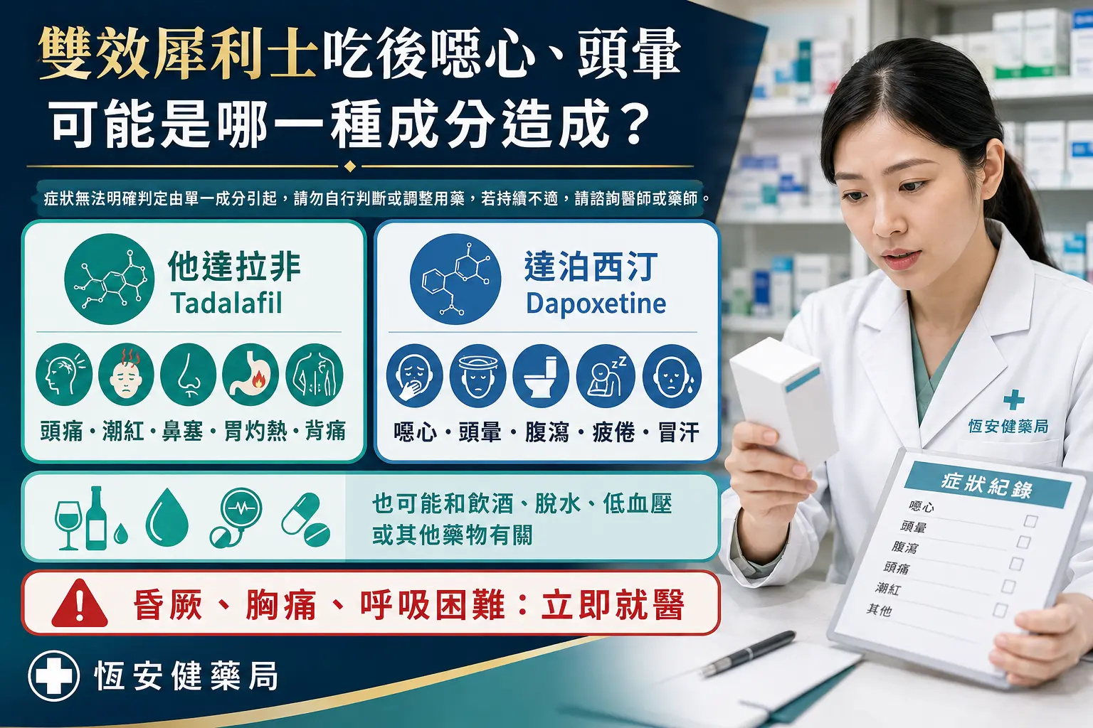 雙效犀利士吃後噁心、頭暈怎麼判斷？他達拉非副作用解析