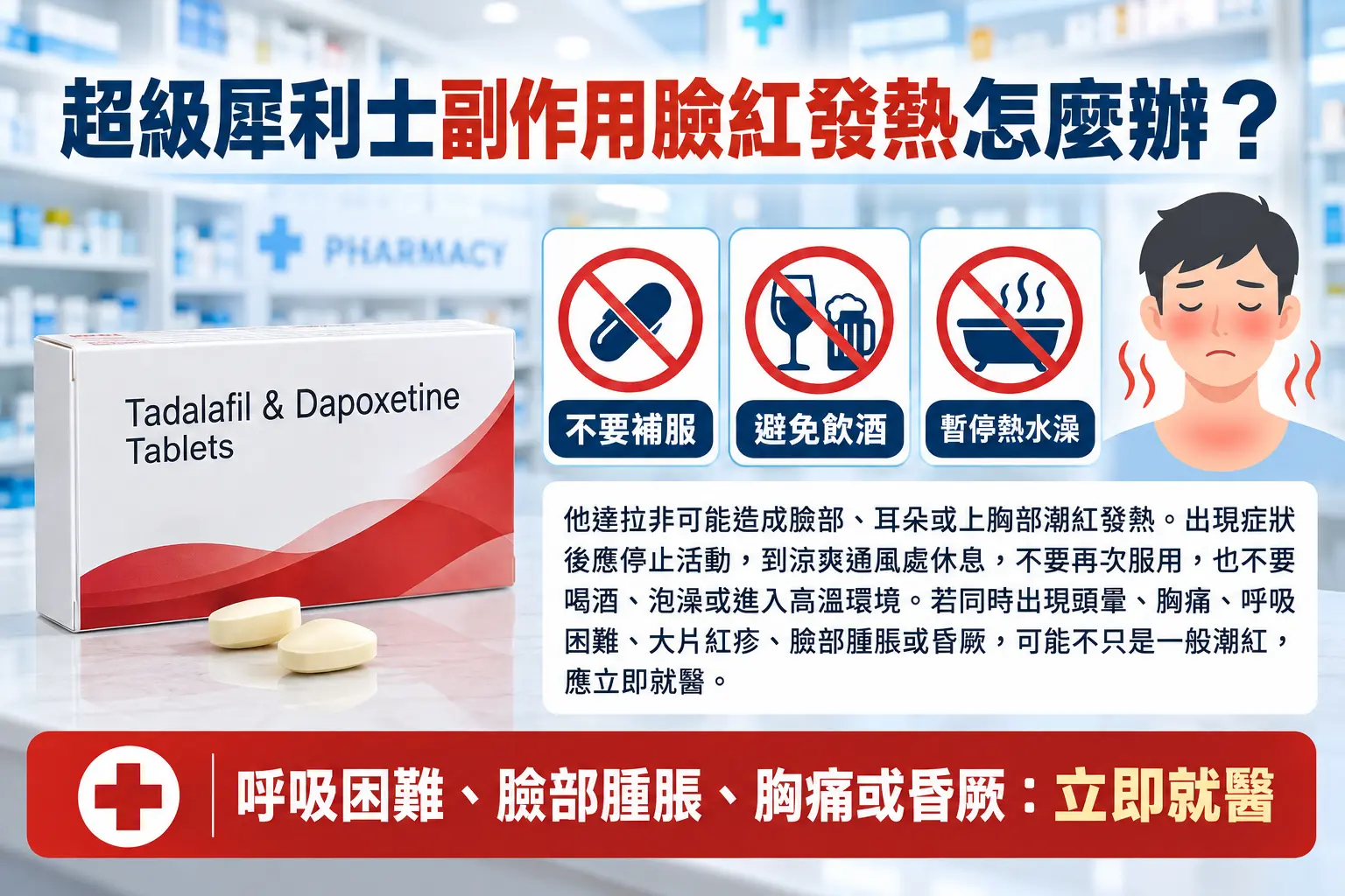 超級犀利士副作用臉紅發熱怎麼辦？可以洗熱水澡或喝酒嗎